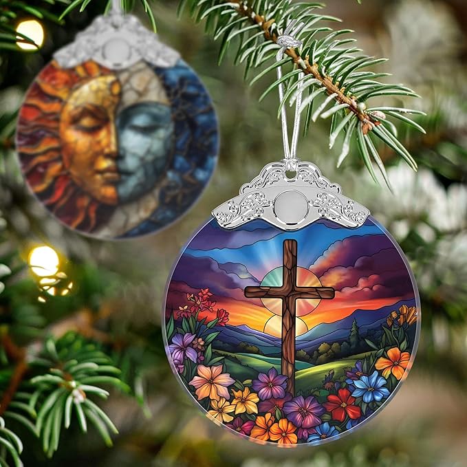 Cross Spring Flower Stained Glass Orament - Christmas Ornament - Christmas Decorations for Tree - Holiday Present ldeas - Gift Exchange