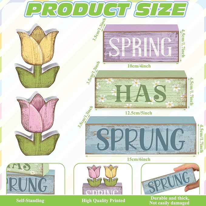Moucuny 4 Pcs Spring Table Decorations Wooden Stacked Block Sign with Tulip Decor - "spring Has Sprung" Centerpiece Rustic Easter Tiered Tray Decorations Flower Signs for Home Kitchen Tabletop Mantel