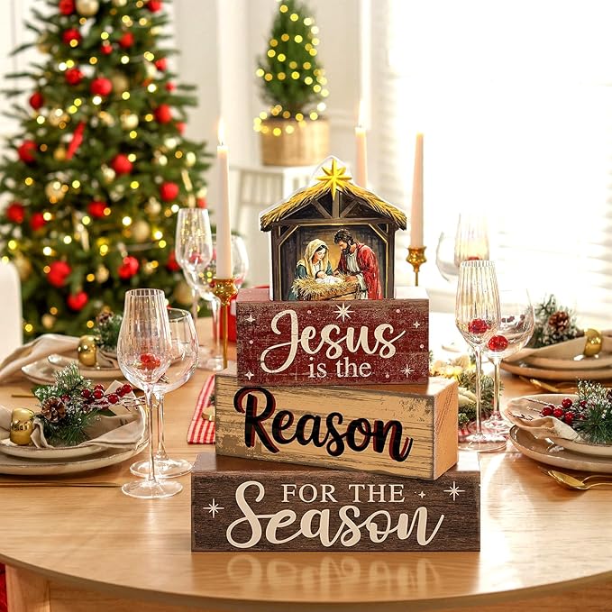 Moucuny 4 Pcs Christmas Table Decoration Christian Wooden Stacked Block, Jesus is the Reason for the Season Signs with Nativity Scene, Rustic Religious Christmas Tiered Tray Decor for Home Church