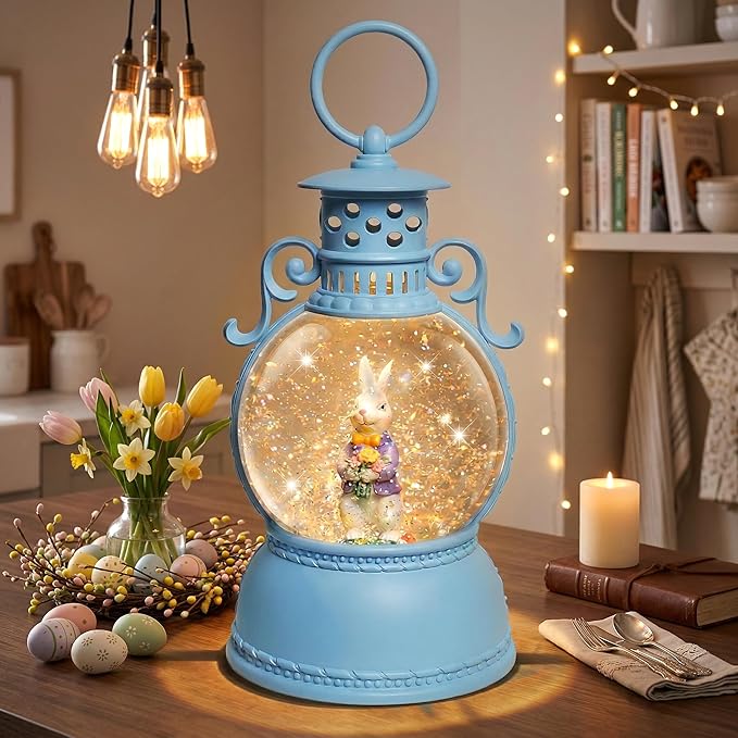 Easter Snow Globe Lantern, 9.4" Bunny Couple Lighted Snow Lantern with 6-Hour Timer, Battery or USB Powered, Spring Easter Decorations for Home, Easter Bunny Gift & Blue Easter Decor