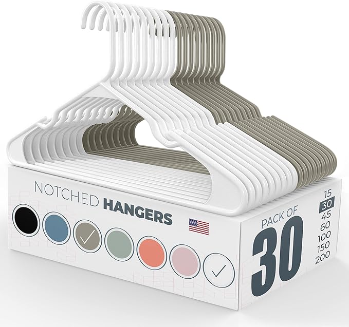 Neaties Plastic Hangers 30 Pack – Made in The USA – 6lb Capacity Standard Clothes Hangers with Notches and Reinforced Edges for Dresses, Lingerie, Shirts, Pants, and Jackets – White & Gray