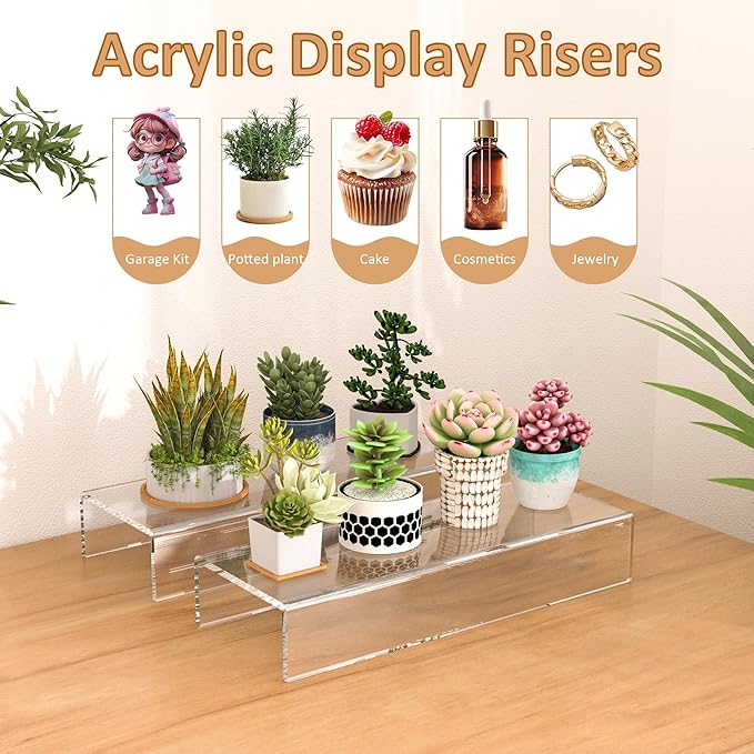 Sezanrpt Acrylic Shelf Riser 12x4.3x2 pack of 2, Clear Display Shelf 12” for Shoes, Glasses, Plants, Home Decors, Perfume, 12x4.3x2 Inch