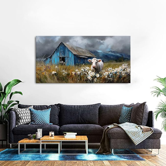 Rustic Farmhouse Wall Art Cow and Blue Barn Canvas Pictures Country Landscape Wall Decor Wildflower Field Painting Farm Animal Artwork for Living Room Dining Room Bedroom Home Decoration 29.53x 57.87"