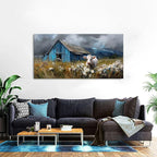 Rustic Farmhouse Wall Art Cow and Blue Barn Canvas Pictures Country Landscape Wall Decor Wildflower Field Painting Farm Animal Artwork for Living Room Dining Room Bedroom Home Decoration 29.53x 57.87"