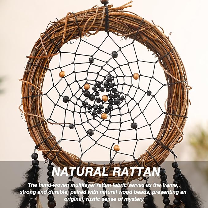 Dream Catcher Native American Boho Dreamcatcher Black Wall Decor, Handmade Rattan Natural Goose Feathers Wall Art Hanging Indian Room Decor for Bedroom Living Room