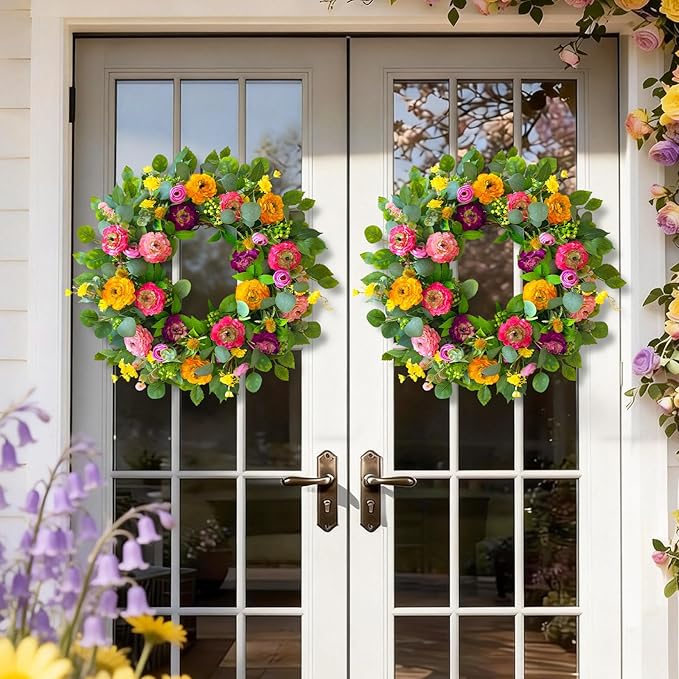 Spring Wreaths for Front Door 24 Inch Outdoor Spring Wreath with Peony Rose Ranunculus & Eucalyptus,Handmade Silk Summer Wreaths for Front Door,Spring Door Wreath for Porch Home Wall Window
