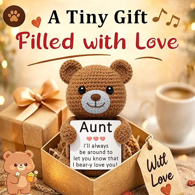 WELLBANEE Cute Aunt Gift from Niece Nephew, Handmade Crochet Bear, Best Appreciation Gifts, Funny Birthday for Auntie, Sentimental Appreciation Gift for the Best Aunt Ever, Shelf Décor Bear
