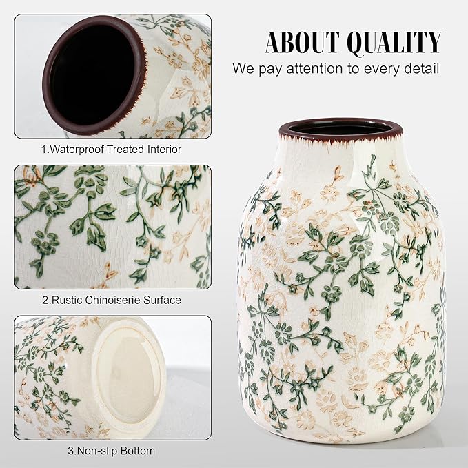 Beige and Green Vintage Rustic Ceramic Vase,Handcrafted Farmhouse Decorative Vase, Easy to Clean Perfect for Flowers Wedding Centerpiece or Shelf Decor 8Inch