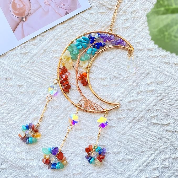Moon Dream Catchers with Crystal 7 Chakra Gemstone Dream Catchers Crystal Suncatcher Rainbow Maker Good Luck Decor for Window Wall Car Home Garden (Moon)