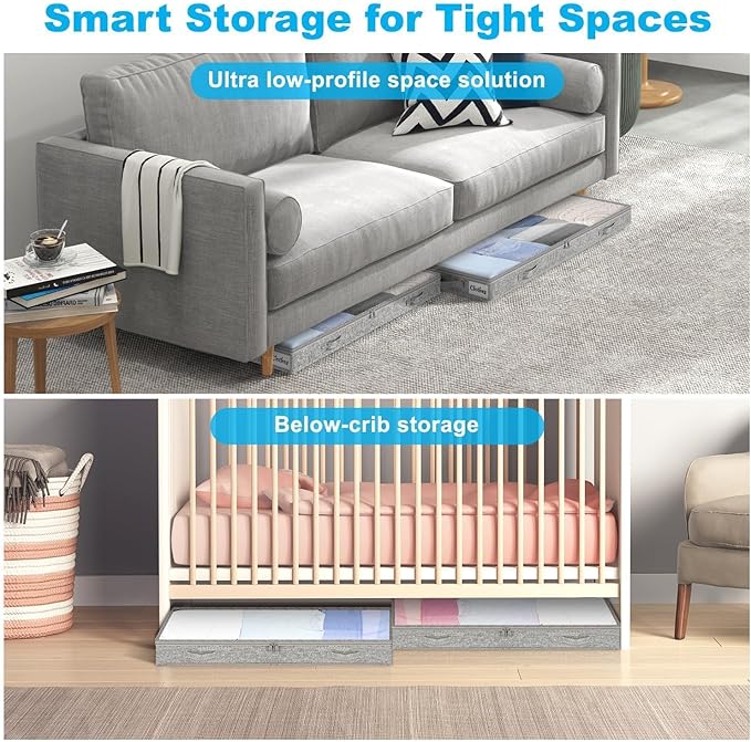 3 Inch Low Profile Under Bed Storage Drawer 2 Pack, Lightweight Underbed Clothes Storage Container Bins with NO STURCTURE, Shallow Storage Bag for Dorm & Home, With Clear Lids & Water-Resistant Fabric