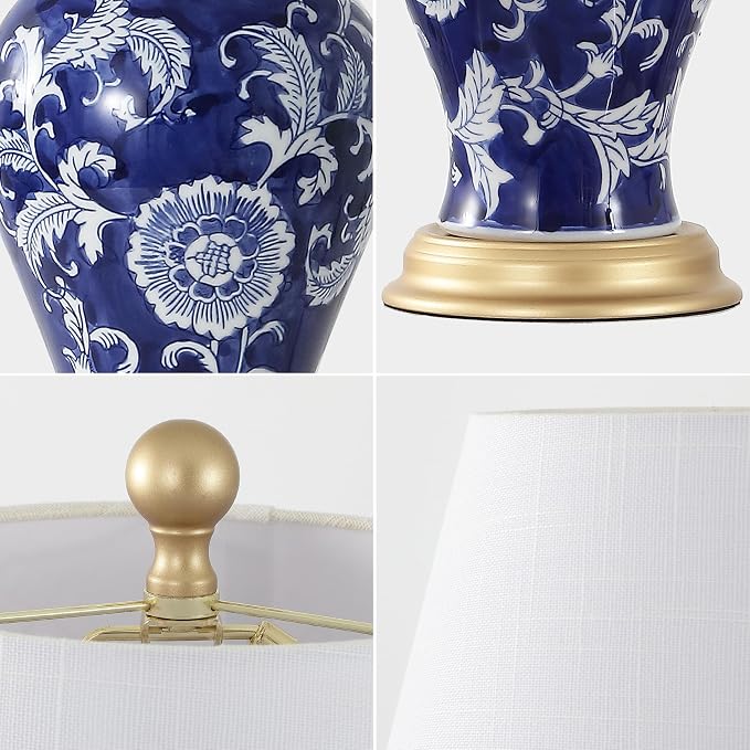 JONATHAN Y 24" Navy/White French Country Ceramic Floral Urn Table Lamp, White Linen Shade, Chinoiserie Ginger Jar Bedside Lamp for Living Room Bedroom, LED Bulb (JYL3009E)