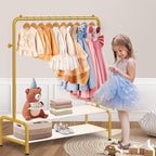 Kids Gold Clothing Rack - Dress Up Clothes Rack - Baby Toddler Closet - Freestanding Coat Racks with 2 Fabric Shelves - Small Kids Costume Wardrobe - Garment Rack for Hanging Clothes Organizer