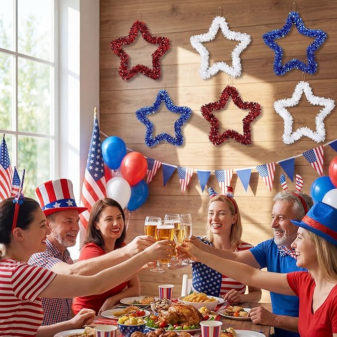 Chuangdi 6 Pcs 4th of July Wreath 250th Anniversary Decoration for Front Door, 11.8 Inch Patriotic Red White Blue Star for Independence Day Wall Window Home Hanging Veterans Memorial Day Party Supply