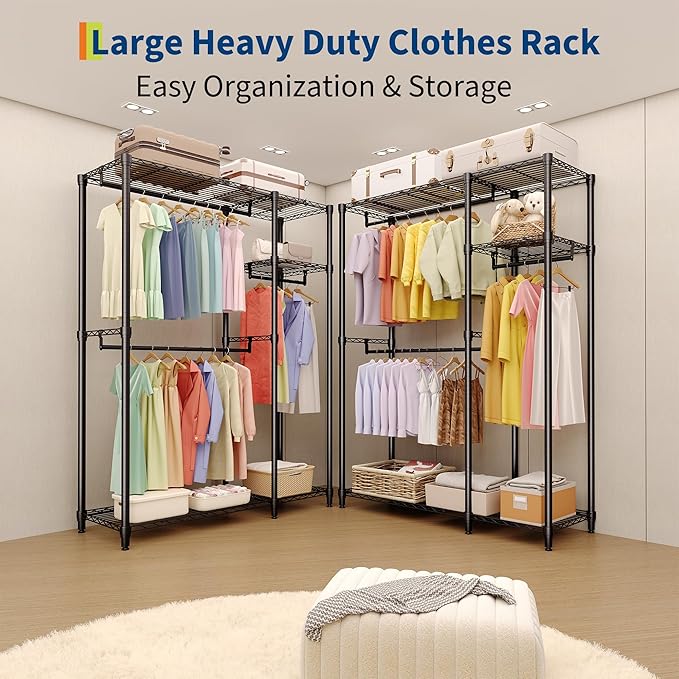 Heavy Duty Clothes Rack,Load 705LBS Garment Rack Portable Closet,Free Standing Closet Organizers and storage with Adjustable Shelves, Hanging Rods, Dividable Black 76.5"H x 41.6"L x 15.5"W