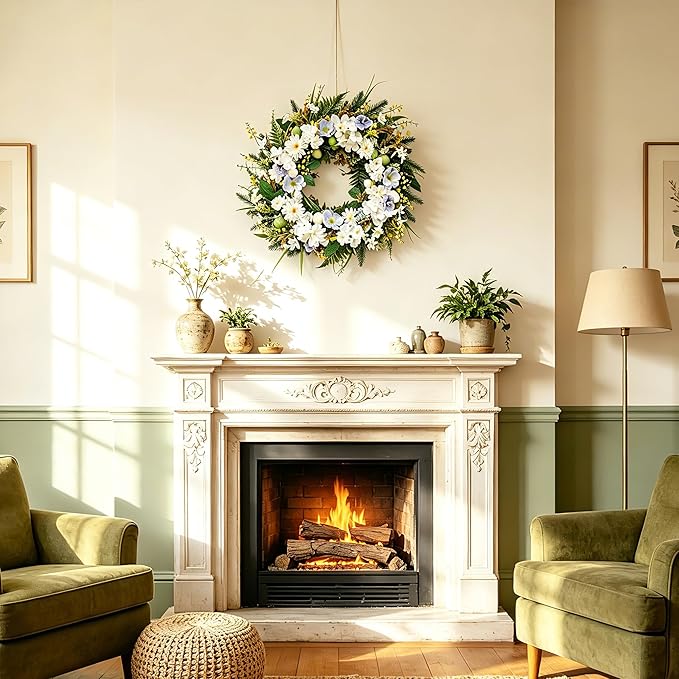 Idyllic 22 Inch Summer Wreaths for Front Door - White Blue Flowers on Green Foliage Base for Seasonal Home Outdoor Decor