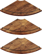 JJL Corner Shelf Wall Mounted, 12 Inches 3-Tier Floating Corner Shelf, Fan-Shaped Rustic Wood Decor with Fence, Brown Storage Organizer for Apartment Bedroom Kitchen Bathroom