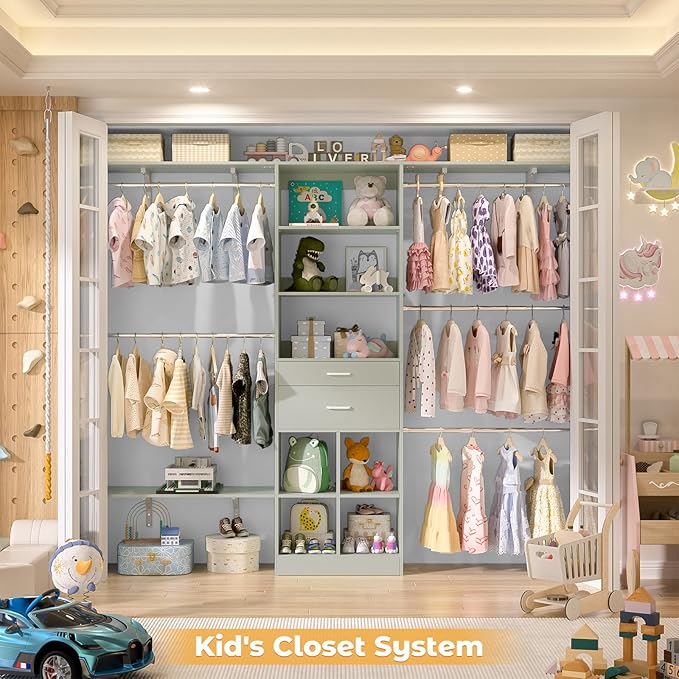 Closet System - 8FT Closet Organizer System with Wooden Drawers, 96" Closet Systems for Walk-In Closets with Cuttable Hanging Shelving, Green
