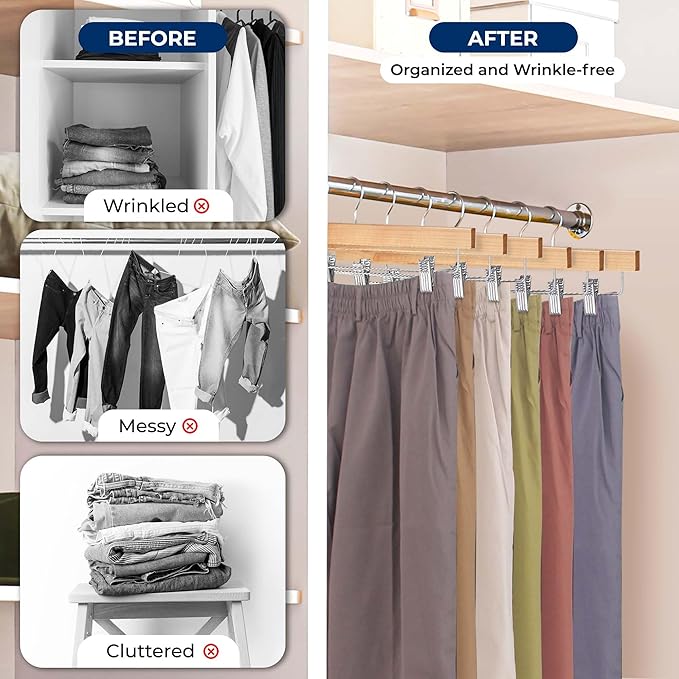 SereneLife 30 Pack Skirt and Pant Hanger with Adjustable Non-Slip Steel Clips, Premium Wooden, 360° Swivel Hook & 10 lb Capacity – Space-Saving Heavy-Duty Hangers for Jeans, Shorts & Slacks (Natural)