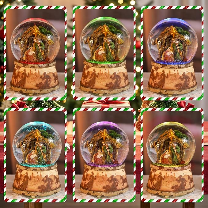 Christmas Snow Globe Musical - Nativity Snowglobes Water Snow Globes with 5 Colors Change LED Light Music Box Home Christmas Decor for Kids Wooden