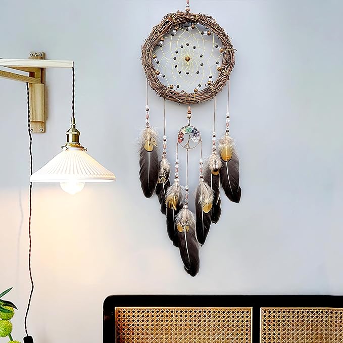 Tree of Life Dream Catcher, Handmade Woven Traditional Craft Rattan Dream Catchers Wall Hanging Ornament,7 Chakras Crystal Healing Stones Art for Bedroom Decor, Festival Blessing Gift (Dark Brown)