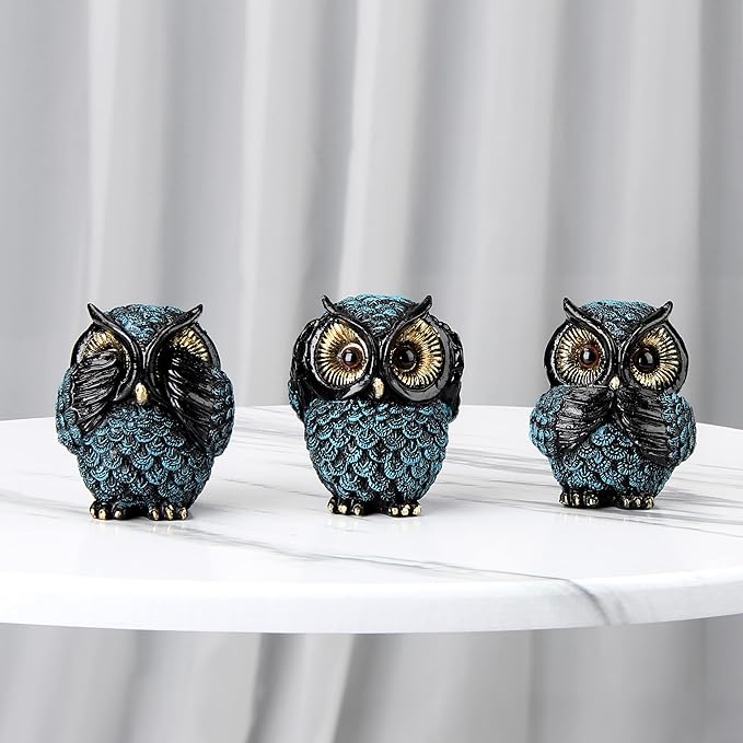 Owl figurine and sculptures for shelf decor accents,3 wise Owl statue for living room bedroom decoration,Retro animal decor,boho gift for women bird lover,see no evil hear no evil speak no evil