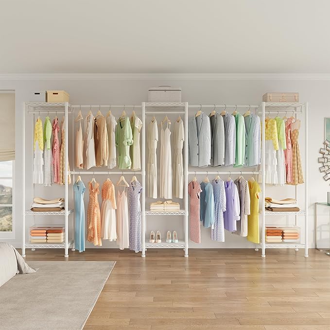 H11 Heavy Duty Garment Rack, Clothing Rack for Hanging Clothes, Extra Large Closet, Freestanding Wardrobe Closet Organizer and Storage with Hanger Rods, Extendable from 7.8 to 10.8 ft, White
