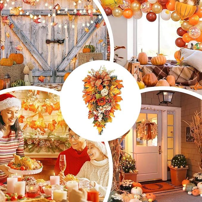 Fall Swag for Front Door – Maple Berry Teardrop Arrangement, Harvest Holiday Garland, Seasonal Ornament for Porch, Entryway, Lobby, Window Display, Mantel Decoration, Festival Celebration