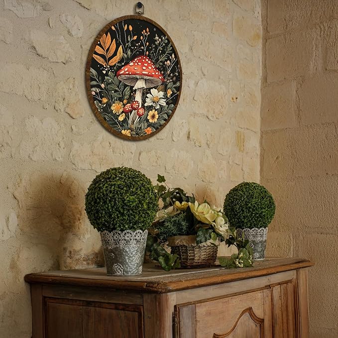 Vintage Mushroom Wildflower Wall Art Decor, Fantasy Forest Botanical Illustration Round Frame Wall Hanging Decor, Retro Botanical Canvas Prints Wall Art for Bedroom Living Room 10x10 Inch (MG04)