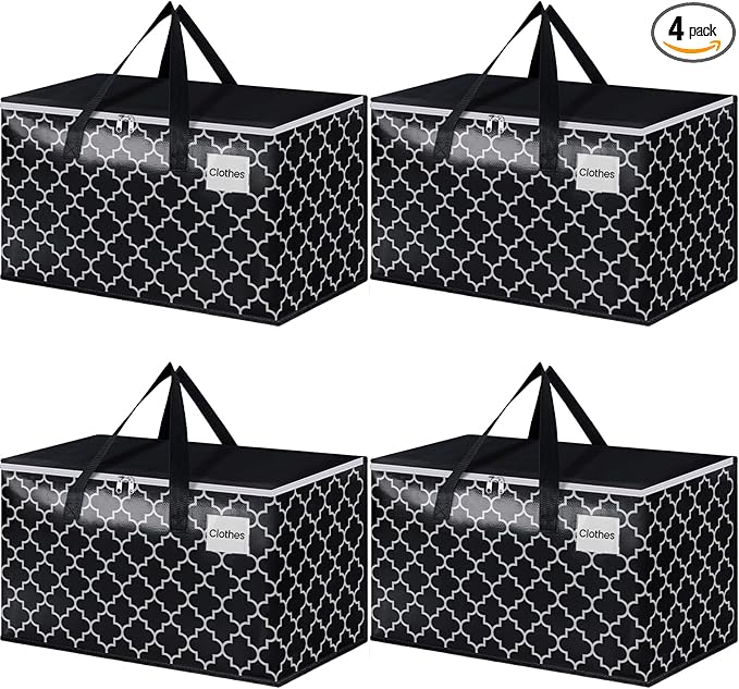 HomeHacks Heavy Duty Moving Bags with Tag Pockets, Collapsible Storage Totes for Moving, Camping & Travel -Foldable Packing Boxes, Zipper Handles, Black（4 Packs, 100L）