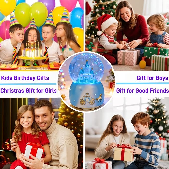Blue Castle Snow Globes, Girls Music Snowglobes with LED 7 Colors Lights, Automatic Snow Fall Effect, Home Decor for Kids Room Essentials, Gifts for Birthday Christmas Valentines Mother's Day (Blue)