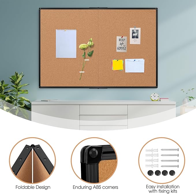 Extra Large Cork Bulletin Board 60" X 48", Foldable Notice Pin Board for Wall, Black Aluminum Framed 5'x4' Corkboard, Wall Mounted Noticeboard with 36 Push Pins for School, Home & Office