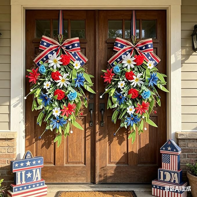 2 Pack 21'' Patriotic Swag Wreaths for Cabinets Artificial 4th of July Teardrop Wreath with Carnations and Daisies Red White Blue Floral for Independence Day Memorial Day Front Door Porch Window Wall