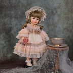 18 Inch Kawaii Porcelain ＆ Fabric Doll Cute European Retro Handmade Ceramic Doll with Showing Stand for Room Decor, Birthday Gifts, Collectible ，Name Olivier (Pink)
