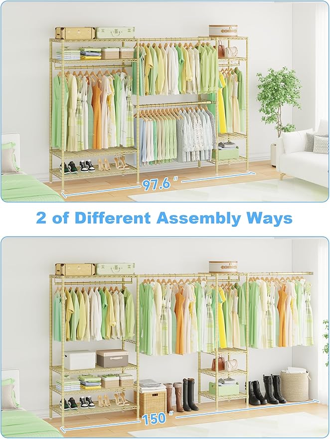 Ulif E11 Heavy-Duty Garment Rack, Metal Freestanding Clothes Rack and Closet Storage Organizer System with 8 Shelves and 4 Hanger Rods, (73.2-97.6)" W x 14.5" D x 71.2" H, Load 1034 LBS, Gold