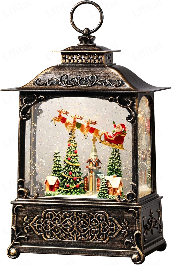 Christmas Snow Globes Church Snow Globe Lantern, Lighted Christmas Decorations Indoor for Home with Music Timer Glitter, Santa Claus Reindeer, Home Decor, USB & Battery Operated 10.4 inch