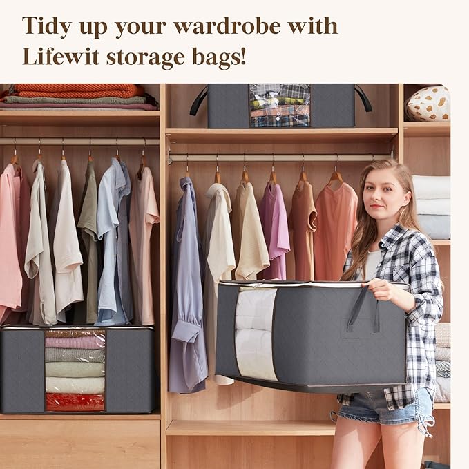 Lifewit 30 Pack 60L Clothes Storage Bins with Lids, Foldable Blanket Storage Bags with Zippers, Clear Window and Reinforced Handles, Closet and Organization for Clothing, Sweater, Comforter, Bedding