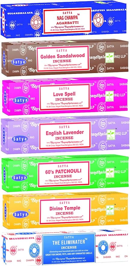 Satya Incense Sticks Gift Set, 7, Scents Nag Champa, 60s Patchouli, The Eliminater, Divine Temple, Love Spell, Golden Sandalwood, English Lavender, 15 g Each (Oriental Mix)