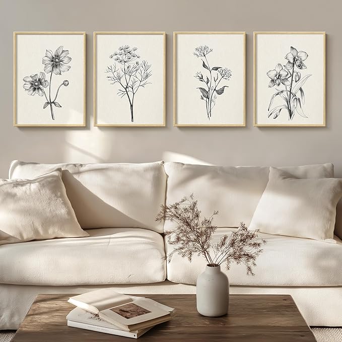 Framed Minimalist Black and White Floral Wall Art, 4 Piece Neutral Rustic Botanical Canvas Prints for Modern Farmhouse, Vintage Flower Pictures for Living Room Bedroom Kitchen Wall Decor, 12x16 Inch
