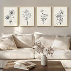 Framed Minimalist Black and White Floral Wall Art, 4 Piece Neutral Rustic Botanical Canvas Prints for Modern Farmhouse, Vintage Flower Pictures for Living Room Bedroom Kitchen Wall Decor, 12x16 Inch