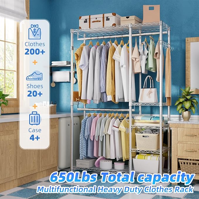 Simple Trending Heavy Duty Clothing Rack Loads 450 LBS, Garment Racks with Adjustable Shelves for Hanging Clothes, Metal Wardrobe Closet, Chrome