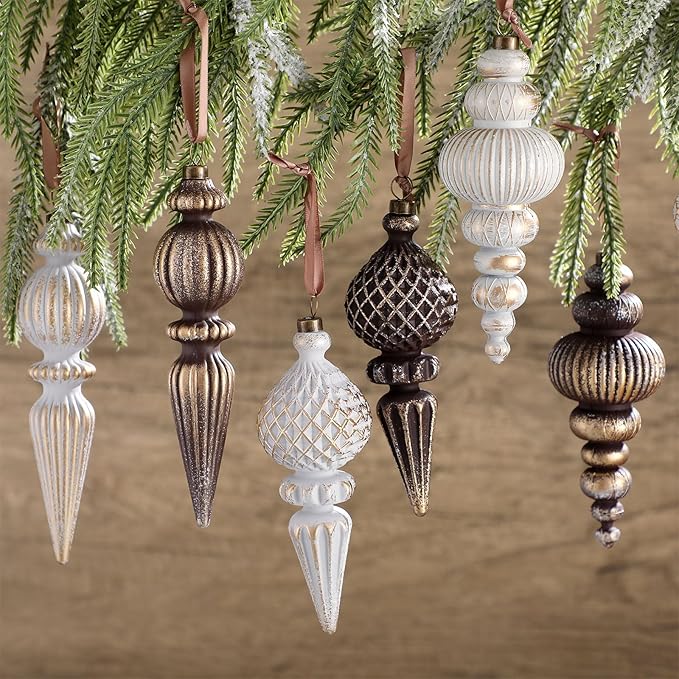 Yunlly 18 Pcs Neutral Christmas Ornaments Textured Christmas Tree Decor with Hanging Loop Modern Brown Hanging Ornaments Finial Shatterproof Decor for Xmas Tree Vintage Rustic Ivory Farmhouse