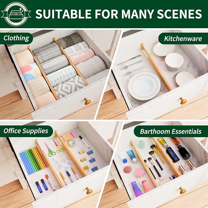 6 Pack Bamboo Drawer Dividers 2.6" High,Adjustable Spring Loaded Clothes Drawer Organizers for Kitchen, Dresser, Bathroom, Bedroom and Office