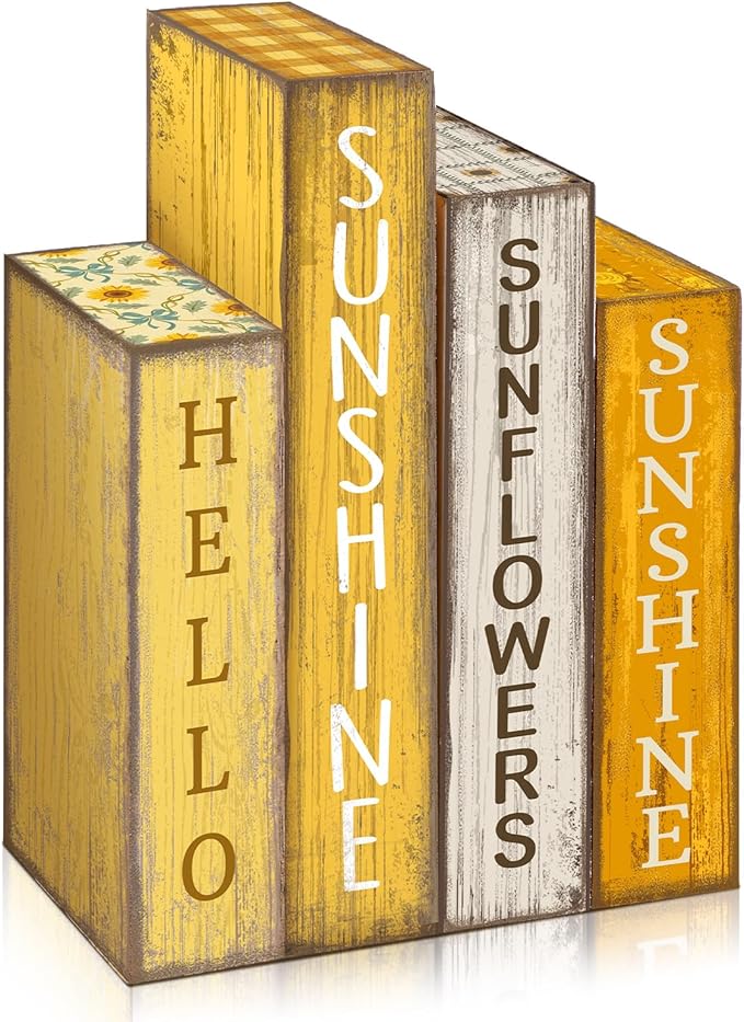 Lineshading 4 Pcs Summer Table Decoration Wooden Book Sunflower Decoration Yellow and White Summer Tiered Tray Decor Wood Book Sign Farmhouse for Home Shelf Coffee Table