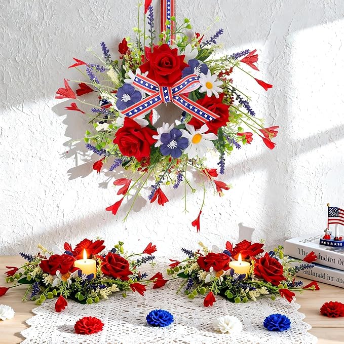 8 PCS Mini Patriotic American Cabinet Wreaths Small Red White and Blue Floral Wreath for Front Door with Ribbon Roses Daisy Forsythia July Independence Day Hanging Wreath for Porch Wall Window Decor