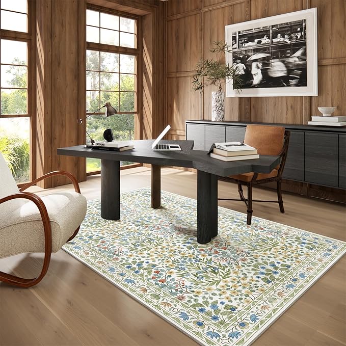 4x6 Feet Area Rug for Living Room Bedroom, Washable Non-Slip Large Rug, Ultra Soft Stain Resistant, Beige Green Distressed Floral Design