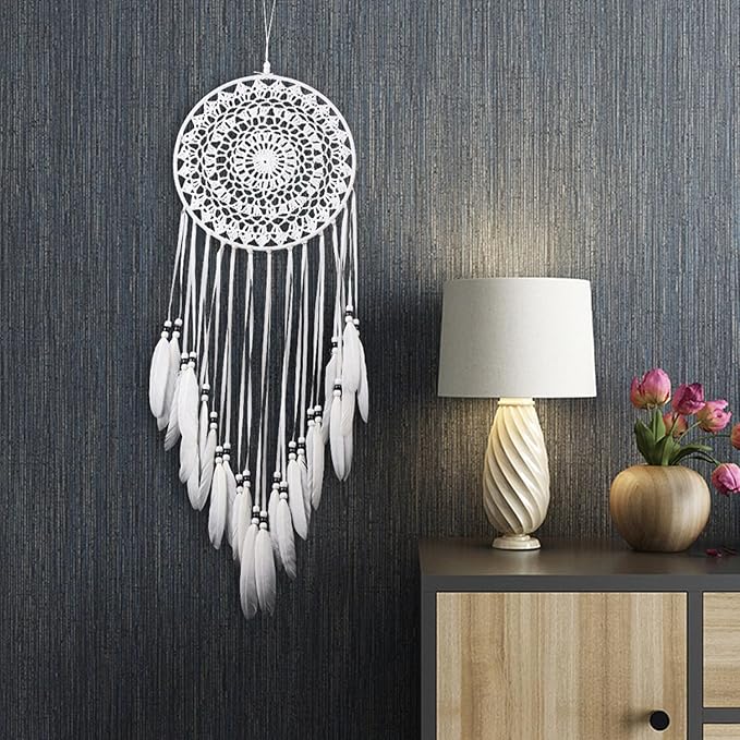 Large White Dream Catcher, Handmade Crochet Macrame Feather Dreamcatcher | Bohemian Wall Hanging Home Decor for Bedroom, Nursery, Living Room & Wedding.