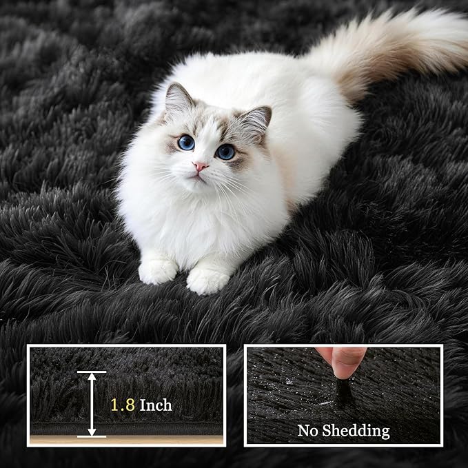 Fluffy Area Rugs 9x12 Living Room Bedroom: Ultra Soft Shag Rug Upgrade Non-Slip Non-Shedding Large Fuzzy Plush Carpet Indoor Floor Carpets for Kids Room Playroom Nursery Dorms Home Decor Black