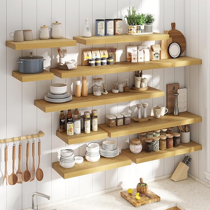 48 Inch Long Floating Shelves for Wall Set of 2, 12"D Wood Grain Bathroom Shelves with Invisible Brackets, Easy Install Engineered Wood Storage Shelves for Kitchen, Living Room, Bedroom, Oak Finish