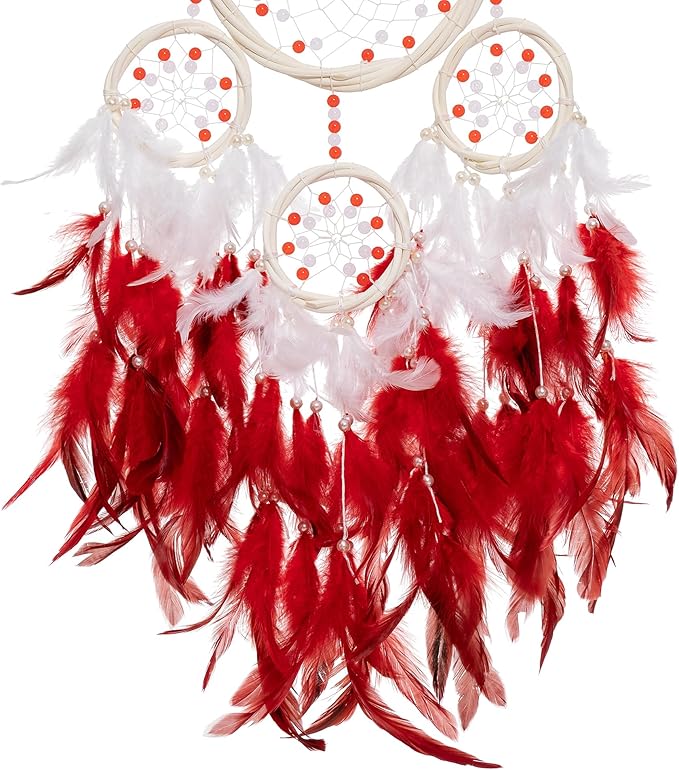Large Rattan Dream Catchers - Deep Red Rooster Feather with Luxury Pearl, Multiring, Handmade Dreamcatcher for Bedroom, Dream Catcher for Girls, Dream Catchers for Boys, Dream Catcher Wall Decor