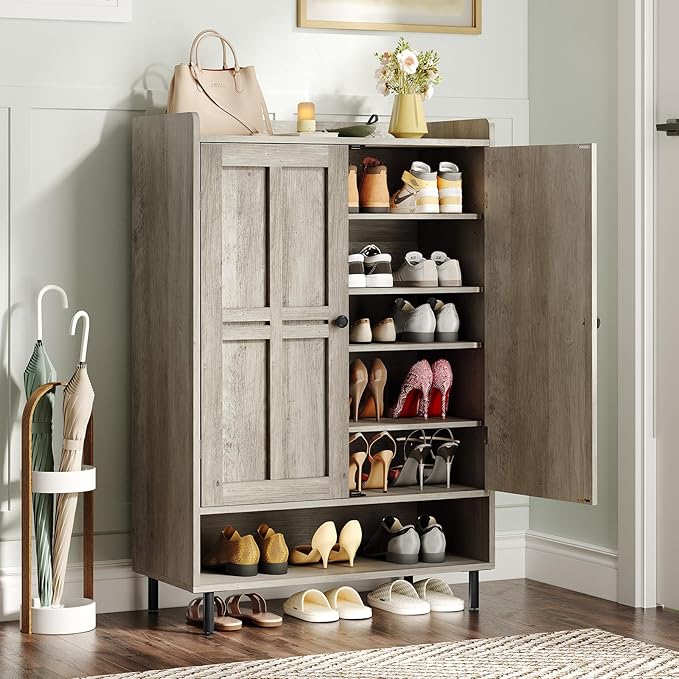 ONBRILL Shoe Cabinet with Cross Molding Doors, 6-Tier Shoe Storage Cabinet with 3 Adjustable Shelves and Metal Legs, 45'' Tall Shoes Rack Organizer Cabinet for Entryway, Front Door, Gray Wash